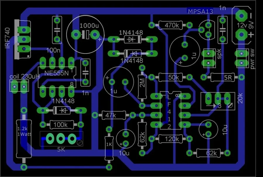 A close up view of a PCB layout design with traces and components.