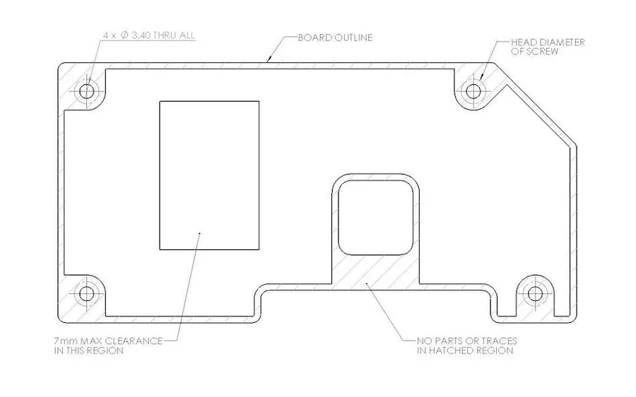 A digital rendering of a PCB board outline in CAD software.