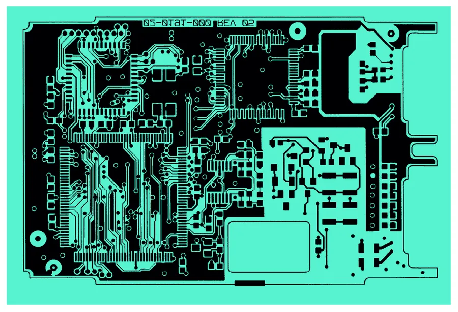 A close-up of the PCB layout and routing with traces and components.
