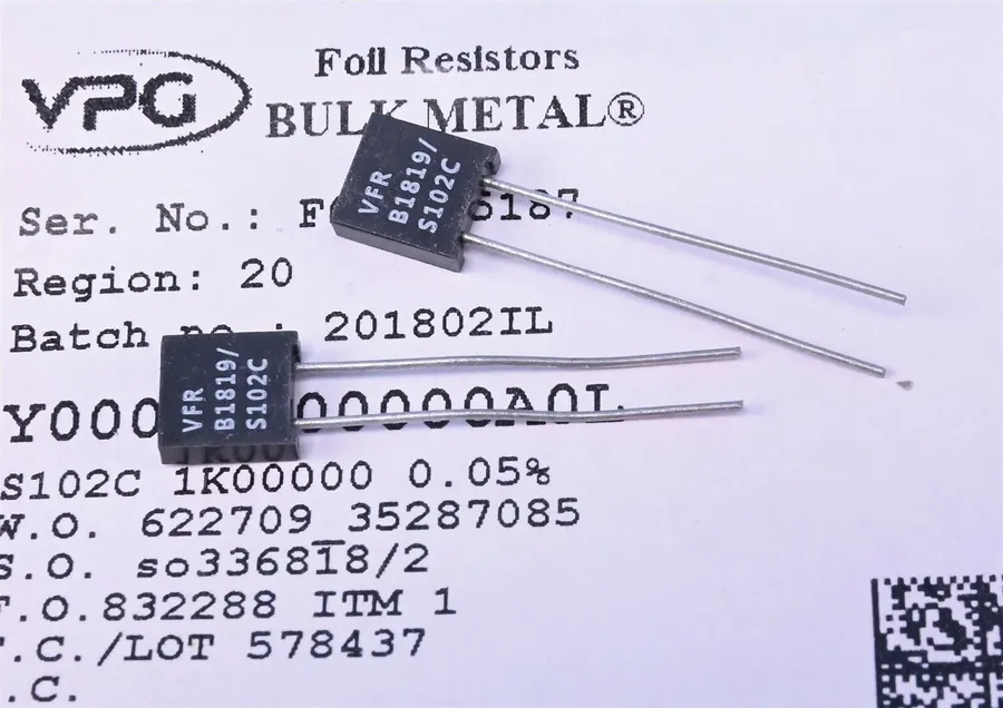 A close up of Vishay precision foil resistors.