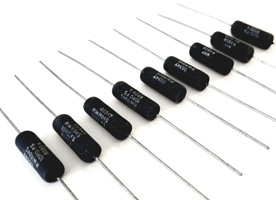 A collection of various Vishay resistors.