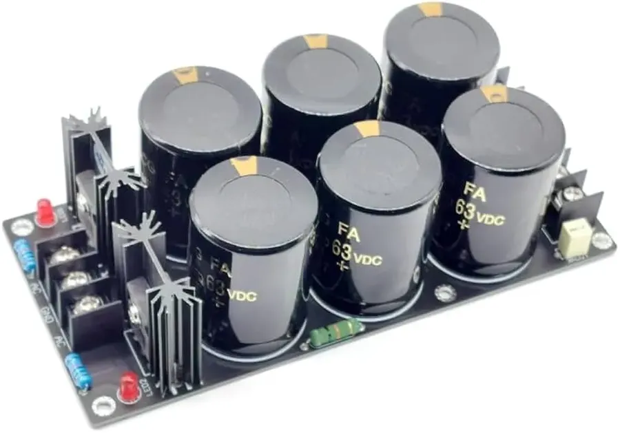 A section of a power circuit board showing installed capacitors.
