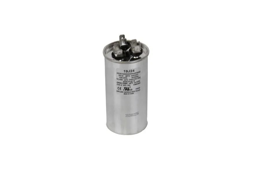 A Lennox AC capacitor with its terminals and casing.
