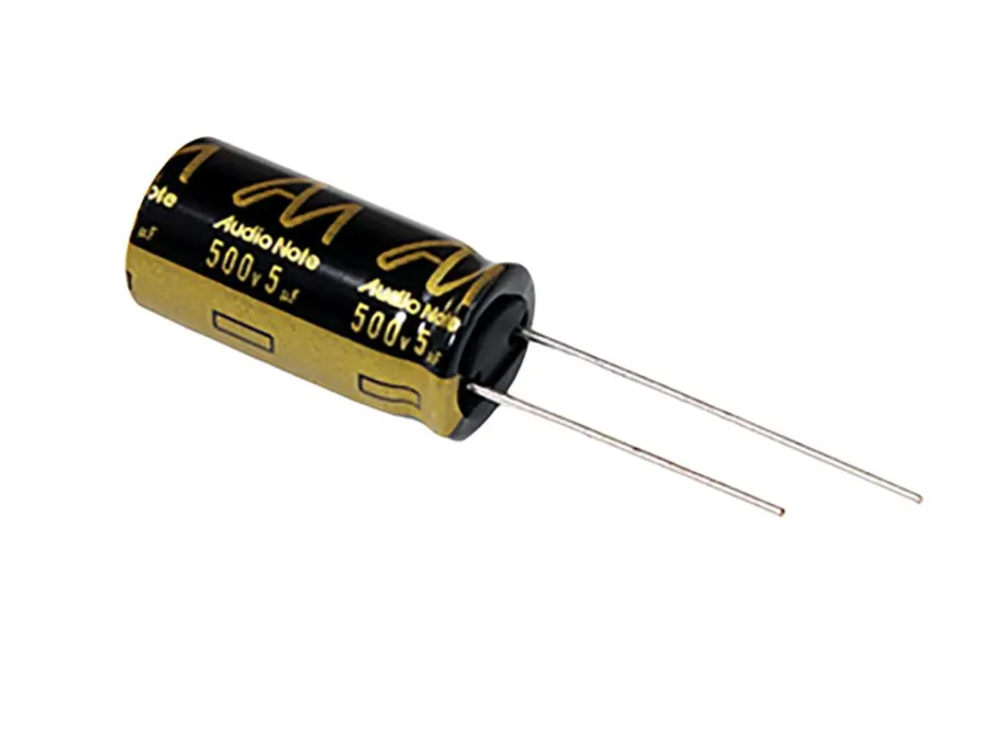 A close-up view of a 5uF capacitor.
