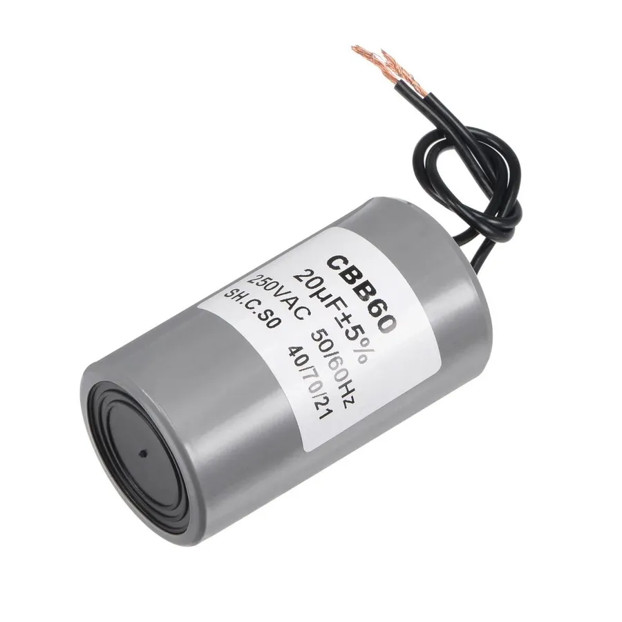A close-up view of a 20uF capacitor.