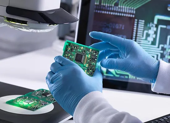 A person inspecting a PCB board with a magnifying glass.