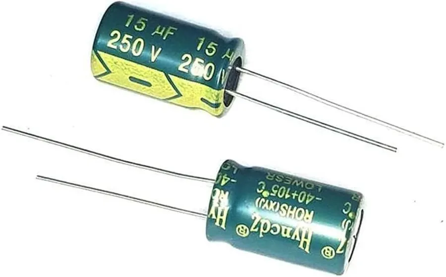 A 15uf capacitor with a 250V rating label.