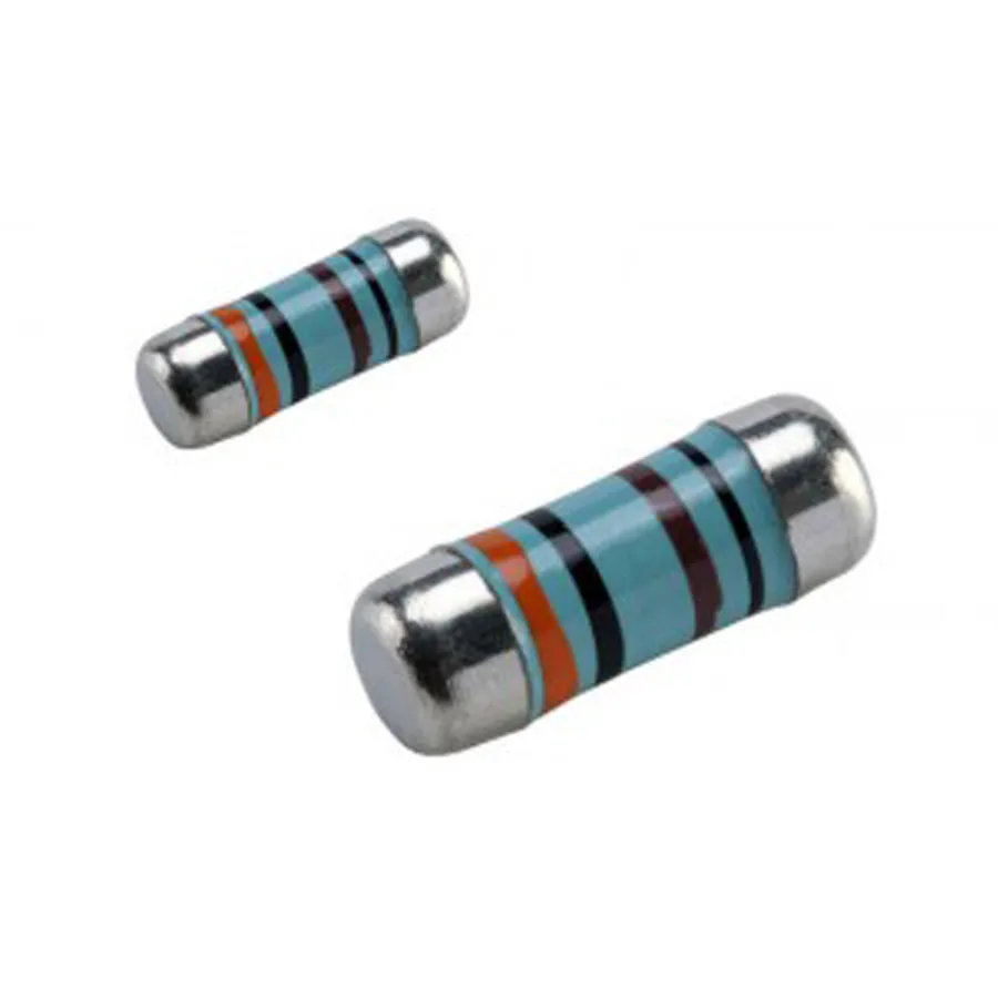 A close-up of a cylindrical MELF resistor.