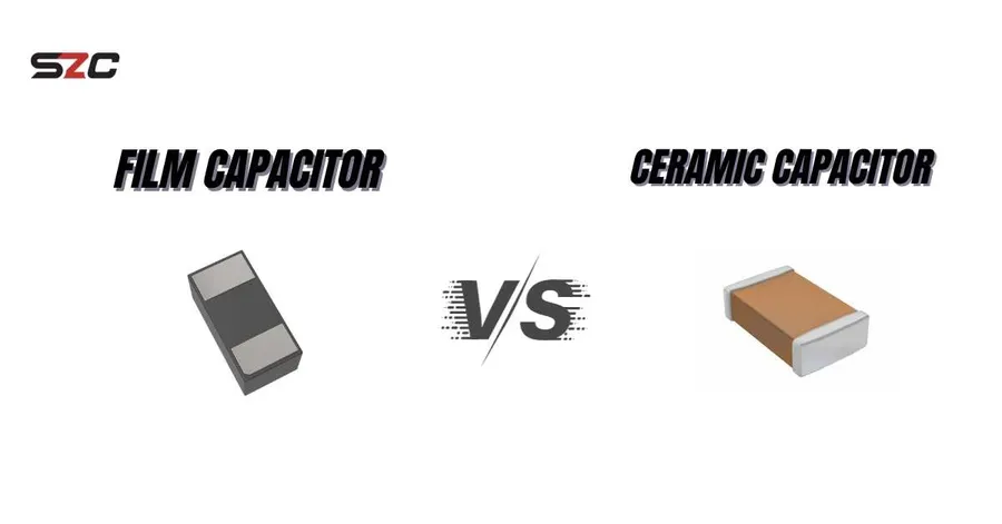 A comparison image of a ceramic capacitor and a film capacitor.