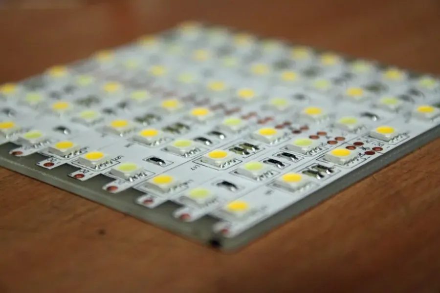 A close-up of an LED PCB board with various LEDs mounted on it.