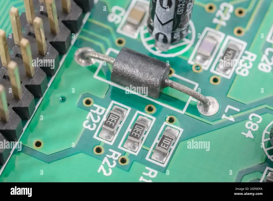 Through-hole resistors soldered on a printed circuit board.