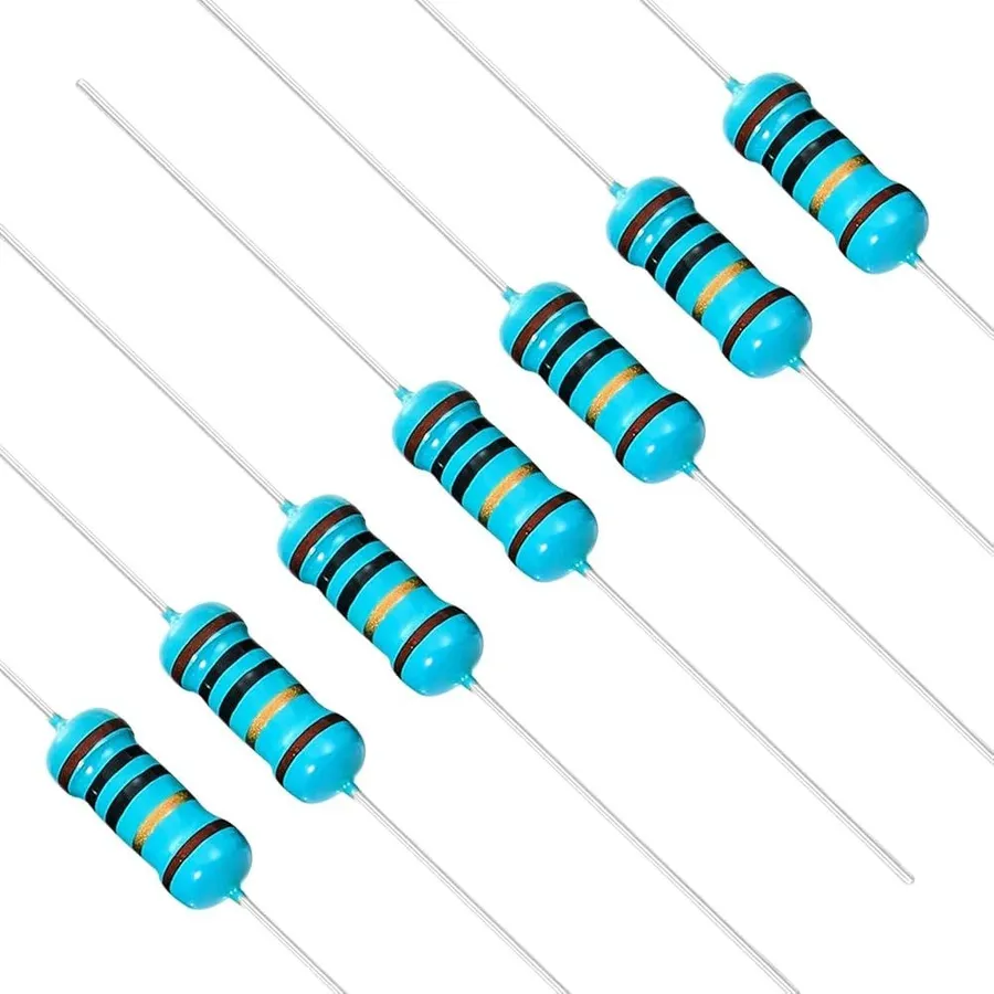 A close-up view of various through-hole resistors.