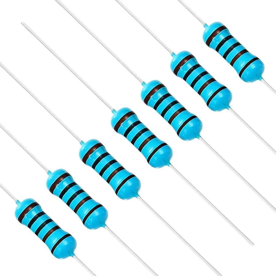 Different sizes of through-hole resistors placed side by side.
