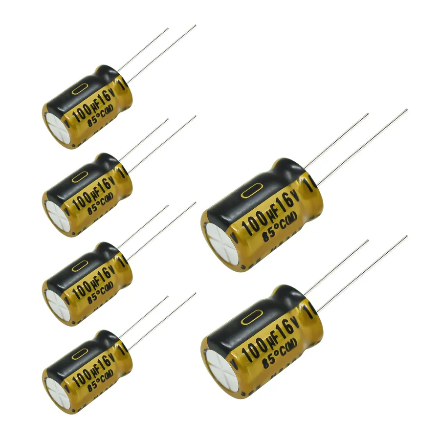 A close-up view of a 100uF 16V capacitor.