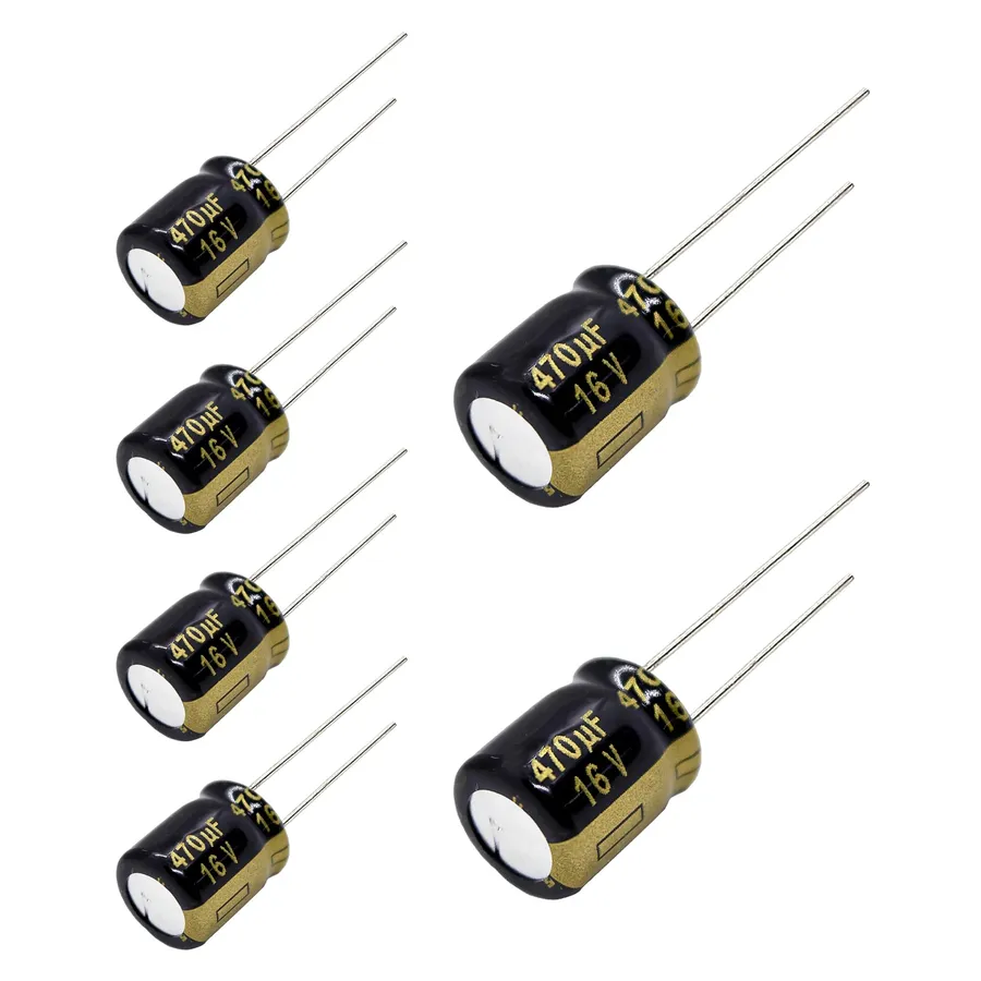 A close-up of a 470uF 16V capacitor.