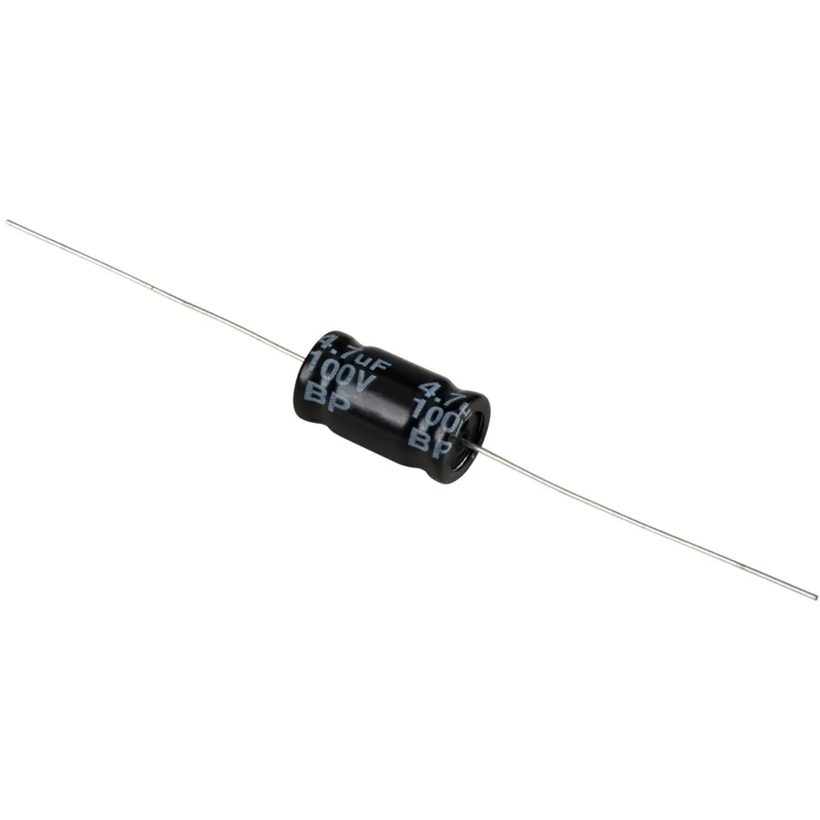 A close-up of a 4.7 uF capacitor.
