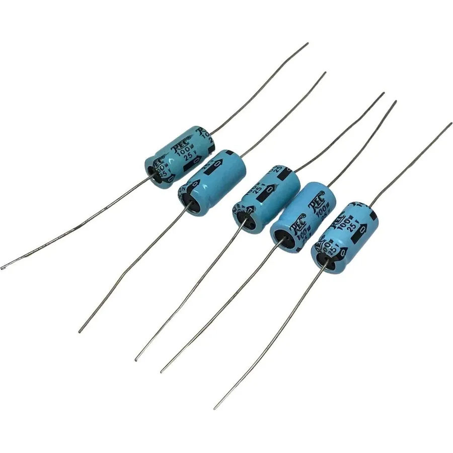 A close-up of a 100uF 25V capacitor.