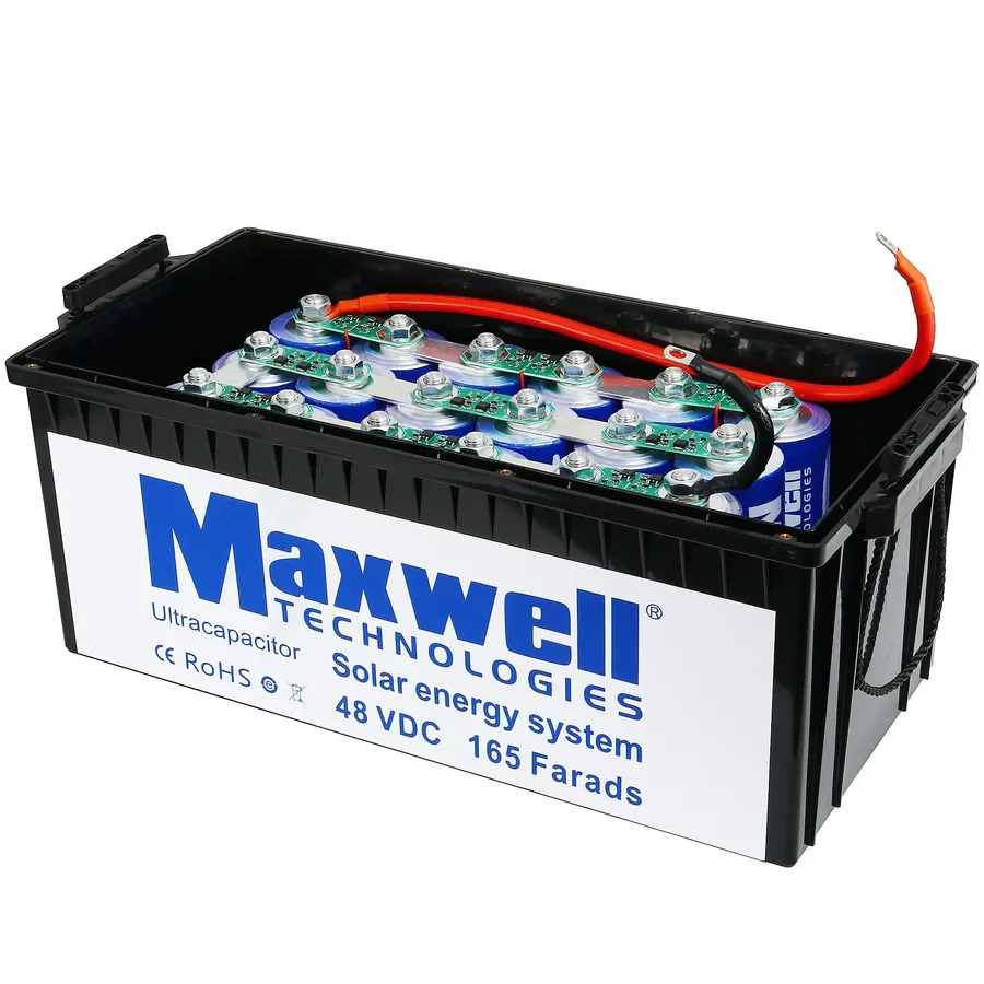 A close-up of a Maxwell ultracapacitor cell.