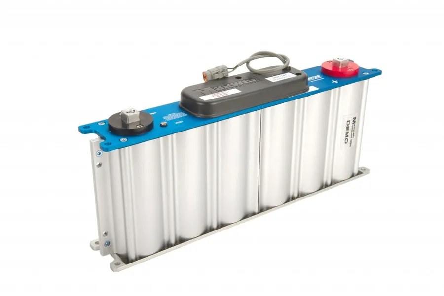 A Maxwell ultracapacitor module showing multiple cells connected together.