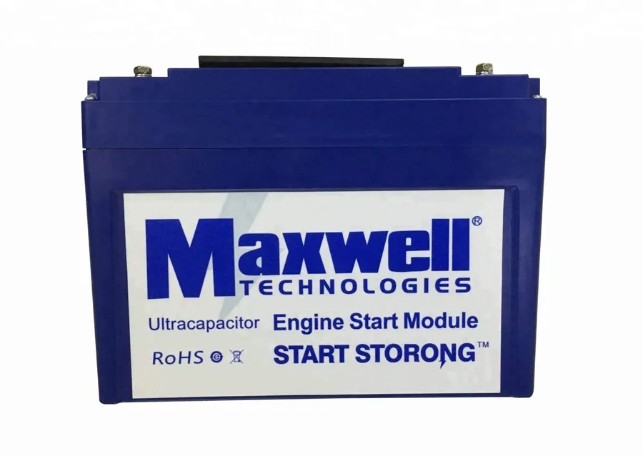 A close-up of a label on a Maxwell ultracapacitor showing specifications.