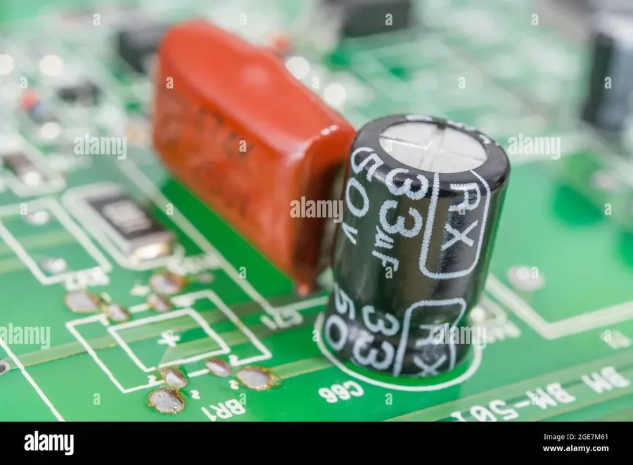 A circuit board with several radial capacitors soldered into place.