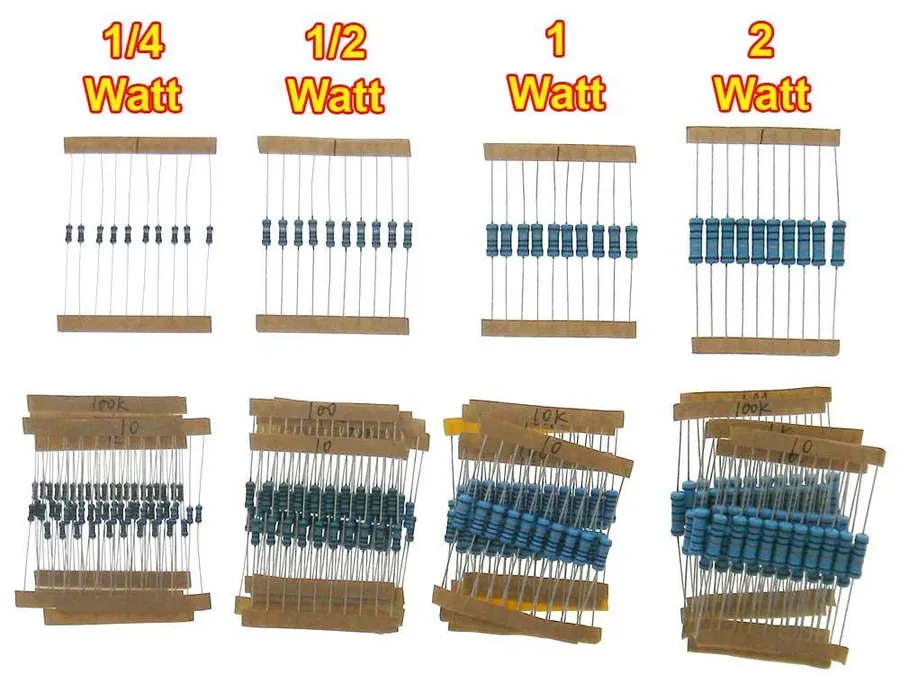 A side-by-side comparison of a 1/4 watt and a 1/2 watt resistor.