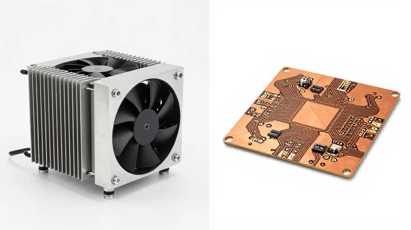 Comparing Thermal Management Solutions Split view comparing traditional bulky heatsinks vs integrated heavy copper PCB thermal solutions