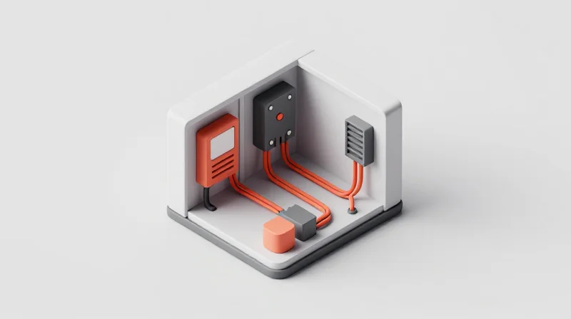 Scalability and Future-Proofing Infrastructure Isometric 3D model of a modular power system inside an EV charging station