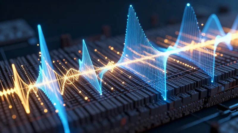 Dielectric Constant (Dk) Stability Across Temperature Abstract visualization of electromagnetic waves propagating through a material with thermal glowing nodes.