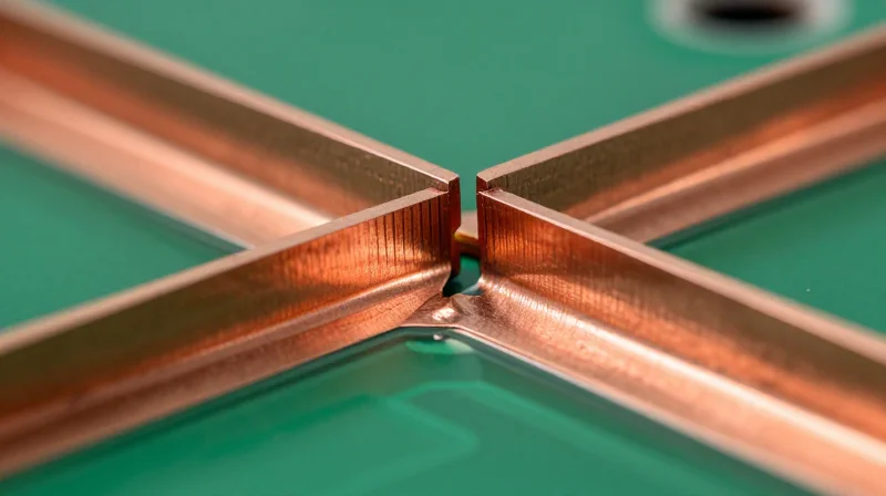 Mastering Heavy Copper Weight Management Cross-section of a thick copper layer on a PCB showing clean etching edges.
