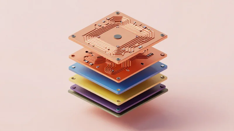 Advanced Stack-up Design for BMS Thermal Profiles An exploded view of a multilayer PCB stackup showing different internal layers.