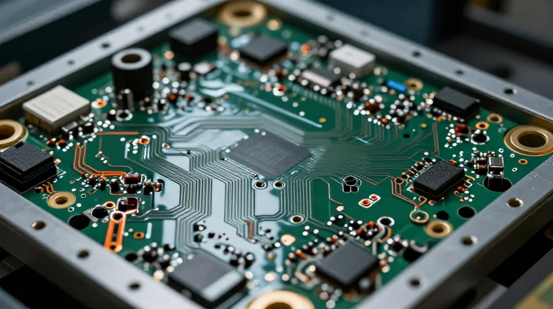 The Current State: Limitations of Rigid-Flex PCB Architectures A close-up of a complex and tangled rigid-flex PCB assembly in an EV battery pack showing mechanical strain.