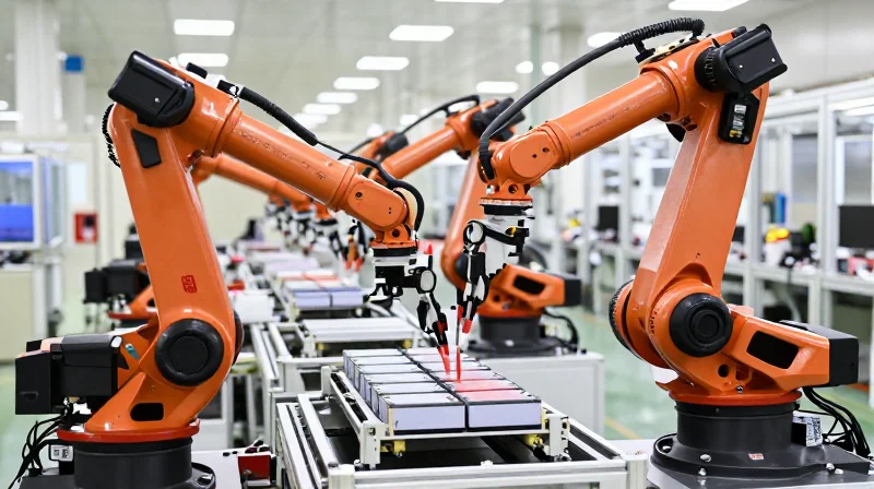Manufacturing Scalability and Assembly Automation Automated robotic arms assembling battery modules in a clean, modern factory environment.