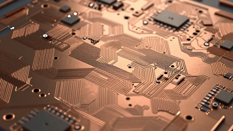 Close-up render of via structures on a radar PCB