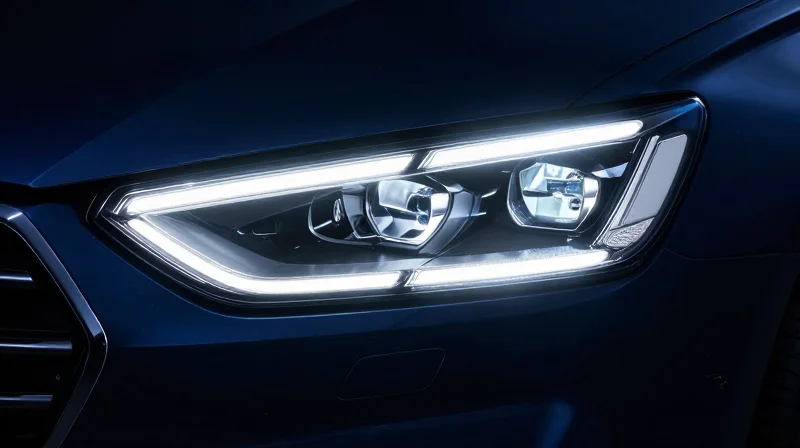 The Evolution of Automotive Thermal Management A modern futuristic automotive headlamp glowing intensely, showcasing high-density LED matrix technology in a cinematic night setting.