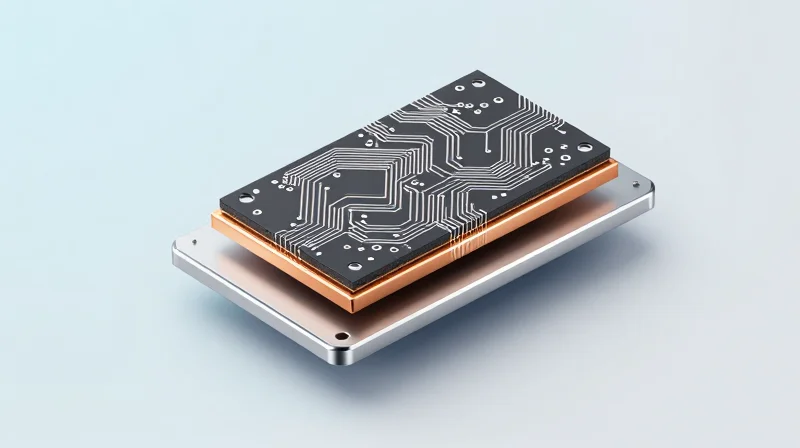 Anatomy of an Efficient MCPCB An isometric view of an exploded view of a multilayer metal core printed circuit board showing thermal dissipation layers.