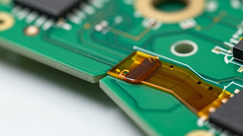 Defining Rigid-Flex Architecture Detailed view of a rigid-flex PCB showing the transition between rigid boards and flexible polyimide layers.
