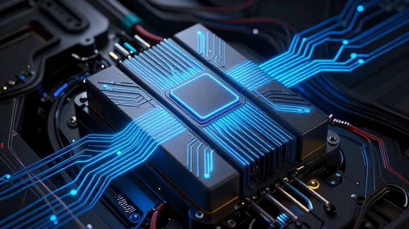 Understanding the Unique Demands of Automotive Power Electronics High-tech automotive power inverter system with complex circuitry, highlighting high-power density concepts.