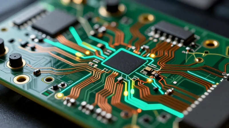 Core Architectural Challenges in Modern V2X PCBs Close-up of a high-tech circuit board with signal wave interference patterns
