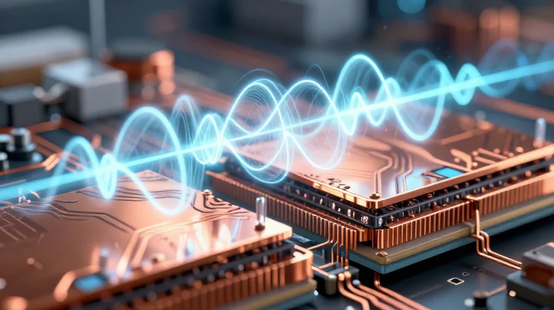 Understanding Millimeter-Wave Signal Challenges Abstract visualization of electromagnetic wave propagation in PCB materials