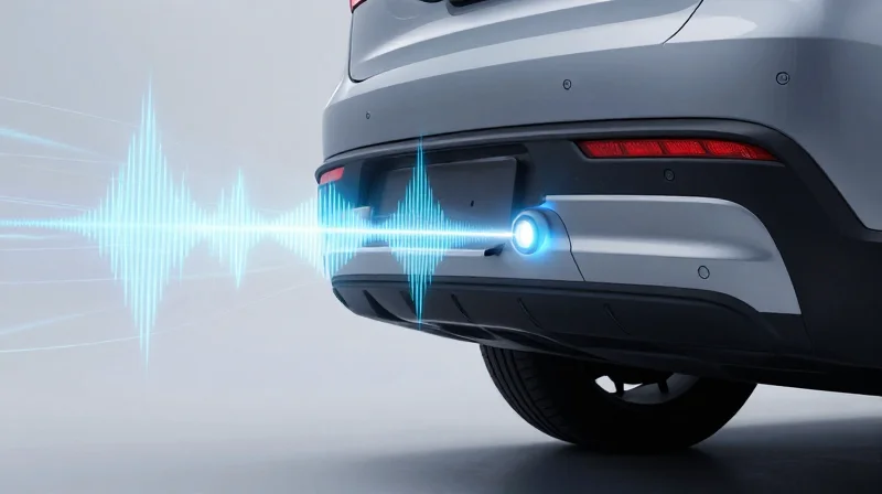 The Evolution of Detection: Ultrasonic to Radar Abstract representation of ultrasonic wave transition to focused radar beams in an automotive context.