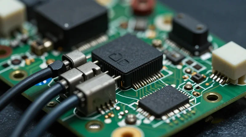A close-up view of a complex, bulky rigid-flex circuit board assembly showing mechanical constraints.