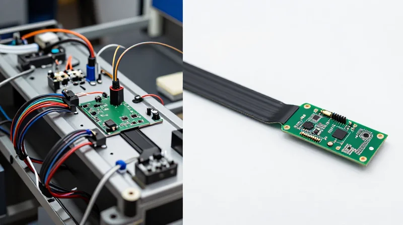 A comparison showing a complex manual wiring harness versus a simplified flexible PCB assembly.