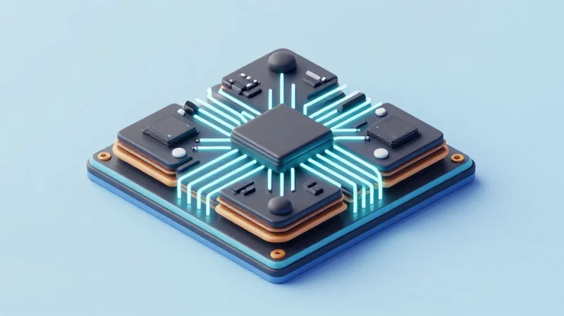 Isometric view of high-density circuit modules with glowing connectivity nodes.