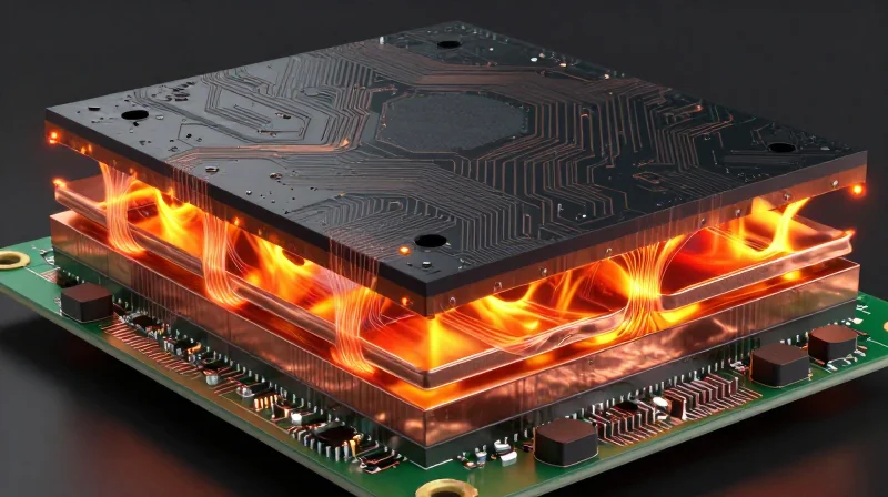 Thermal Expansion Challenges and CTE Matching Cross-section visualization showing thermal expansion and stress between different layers of a circuit board