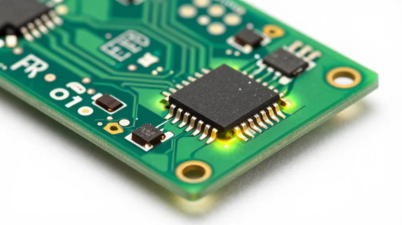 Thermal Constraints of Traditional FR4 Close-up of a traditional green FR4 circuit board with heat dissipation issues represented by glowing hot spots