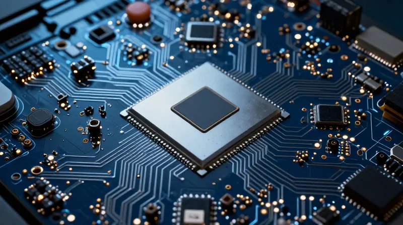 The Evolution of Automotive HDI Demands Abstract representation of high-tech automotive circuit boards and digital data processing