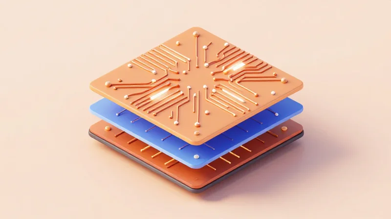 Optimizing Layer Stack-up for EMI and Signal Speed Layered isometric view of a high-speed PCB stack-up with glowing signal paths