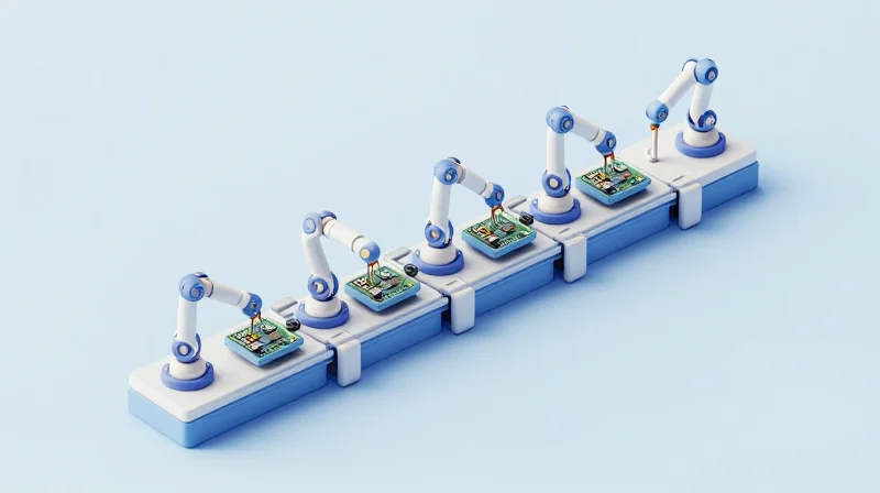 Design-for-Manufacturing (DFM) as a Cost Lever Isometric view of an organized electronic component manufacturing process