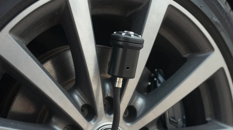 The Anatomy of a Harsh Automotive Environment Close-up of a TPMS sensor mounted on a wheel hub under extreme conditions